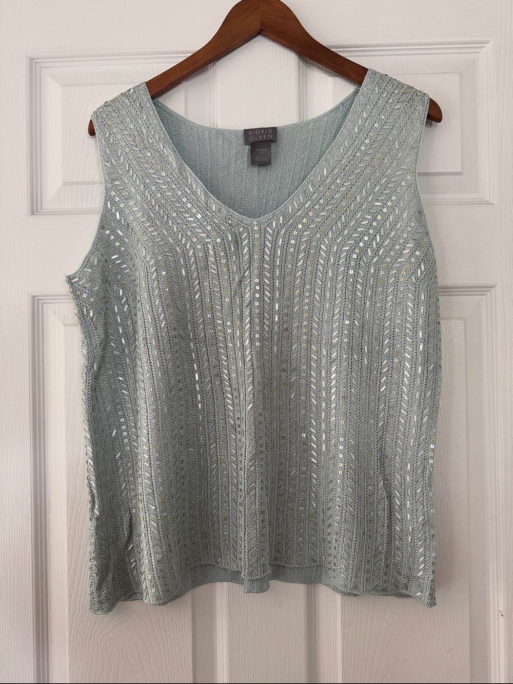 Sigrid Olsen Pale Blue Sequin V-Neck Knit Tank